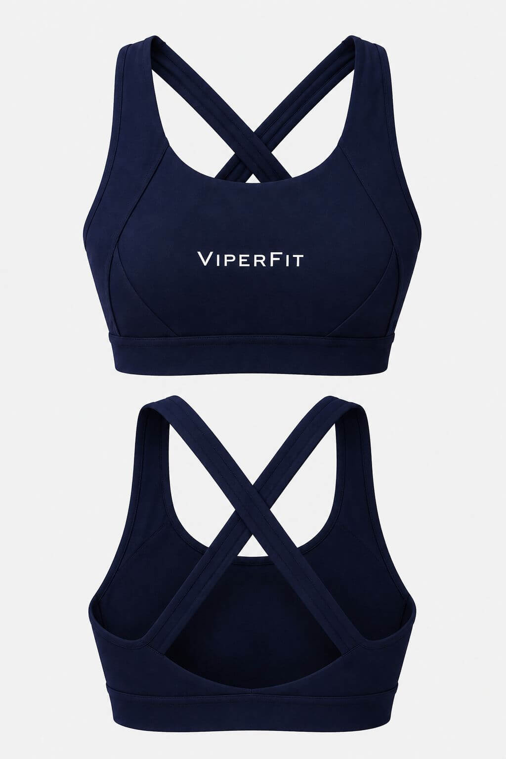 ViperFit Pulse Sports Bra - Navy Blue front and back, showing the open crossover back straps.