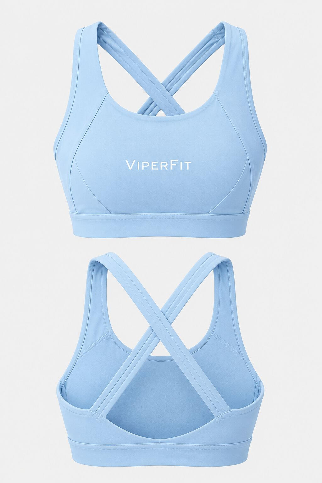 ViperFit Pulse Sports Bra - Skye Blue front and back, showing the open crossover back straps.